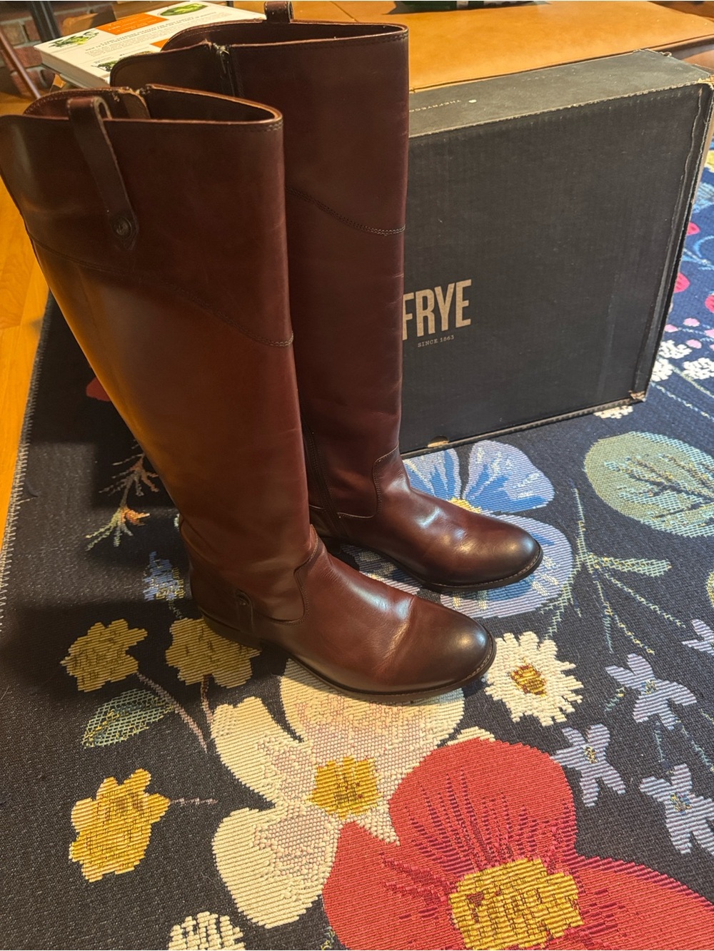 Frye Melissa Tab Tall Extended Calf Boots Redwood Brown 10M Box